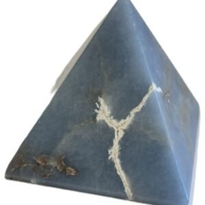 Polished natural angelite crystal pyramid 1 sians emporium Polished blue angelite four sided pyramid showing natural white veining and earthy inclusions on a white background